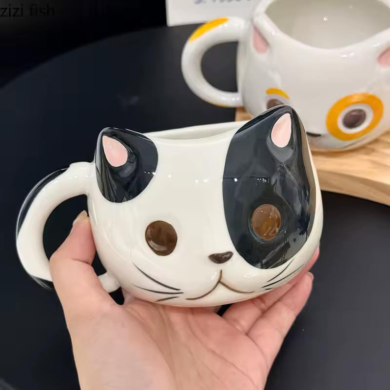 Coffee cup with a cat shape, made from handcrafted ceramic.